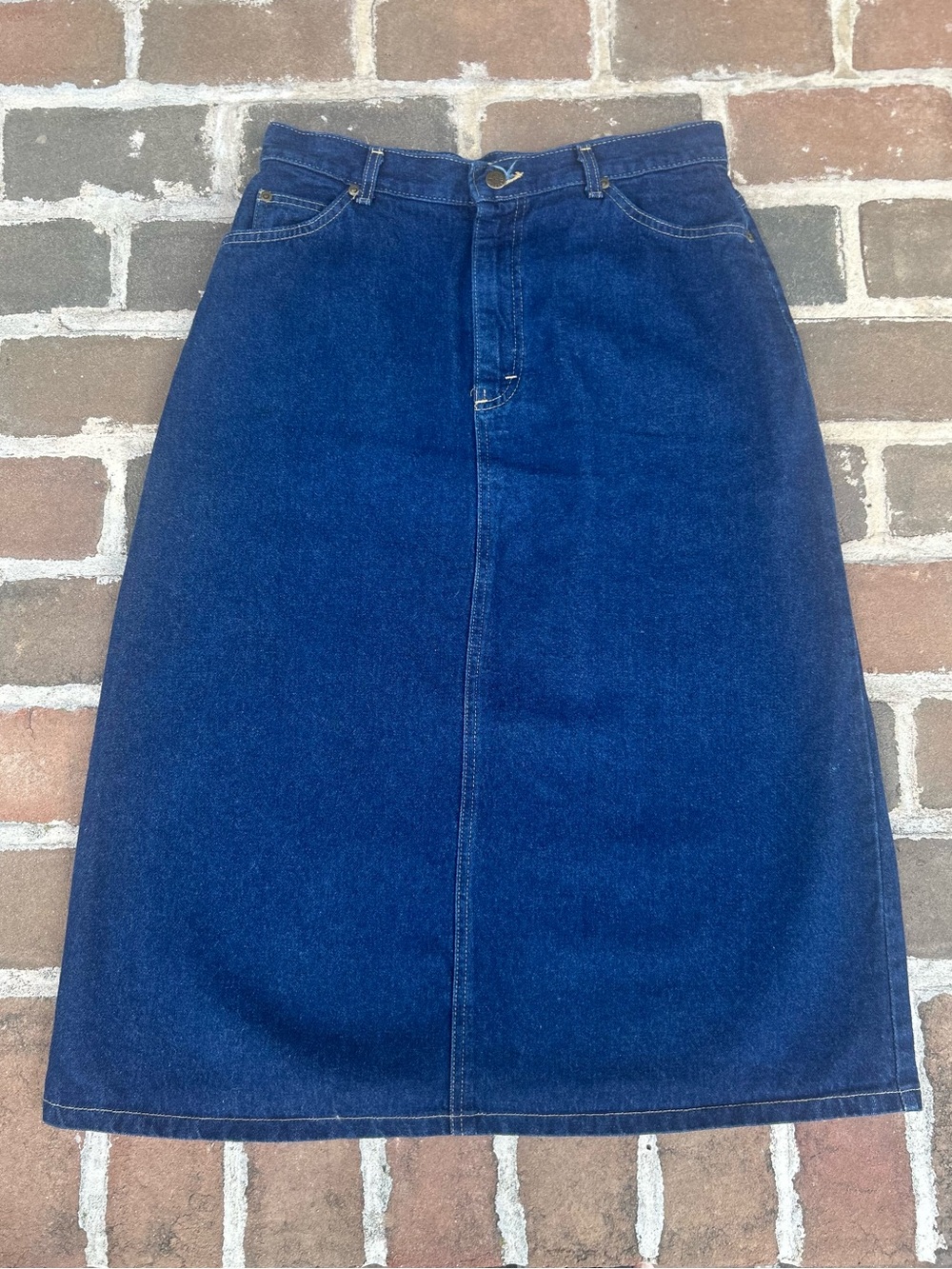 Vintage 80s Lee Blue Dark Denim Midi Skirt Western Southwestern 14 30” waist